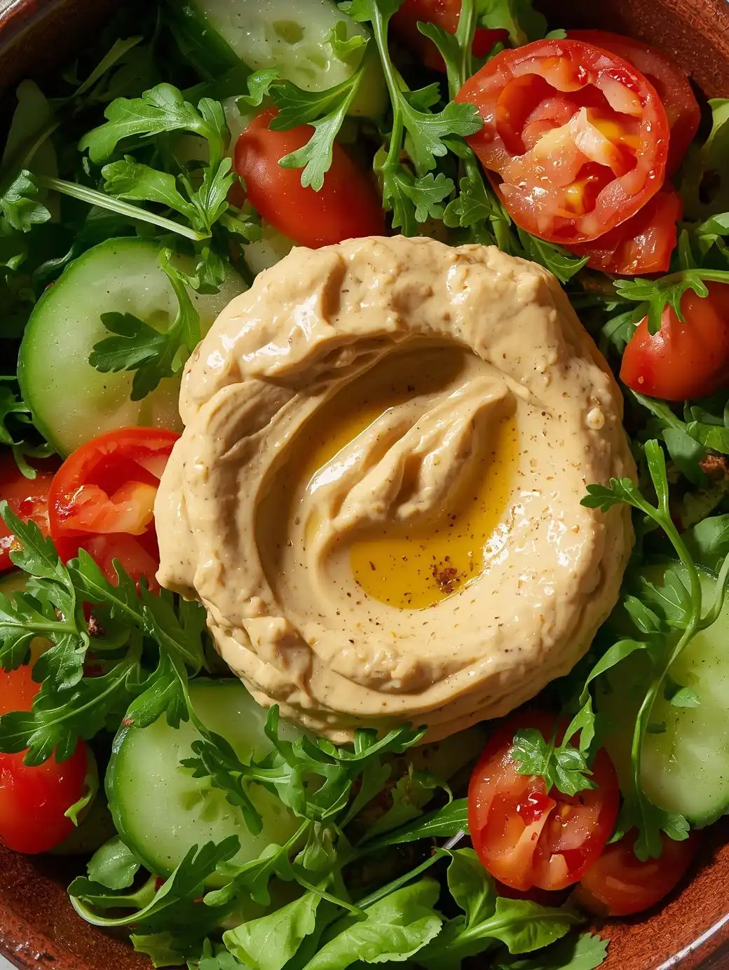 Cucumber, Tomato & Arugula Salad with Hummus