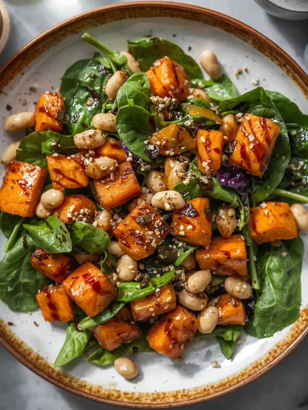 Spinach Salad with Roasted Sweet Potatoes & White Beans