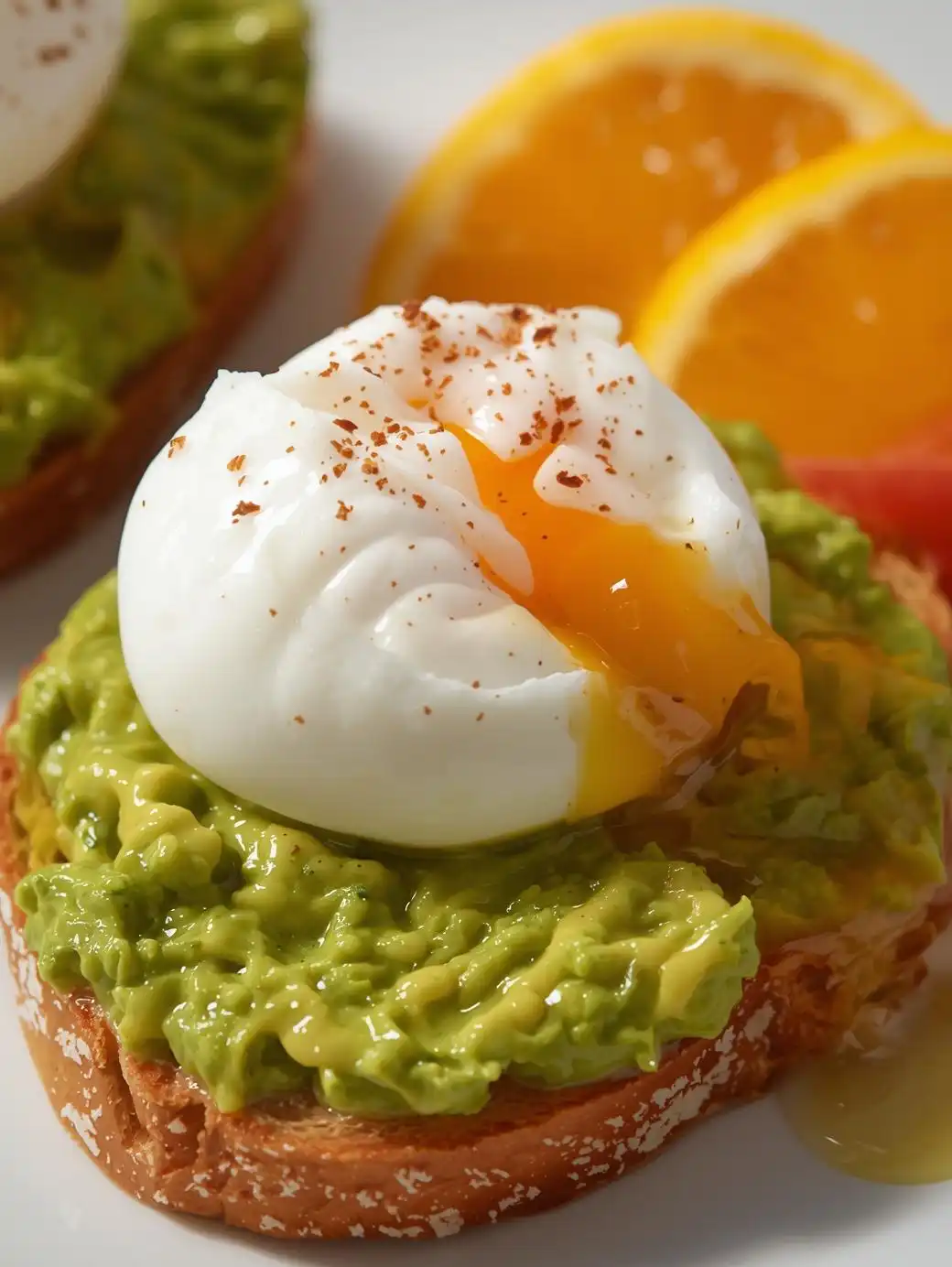 Avocado toast with a poached egg and a side of fresh orange slices.