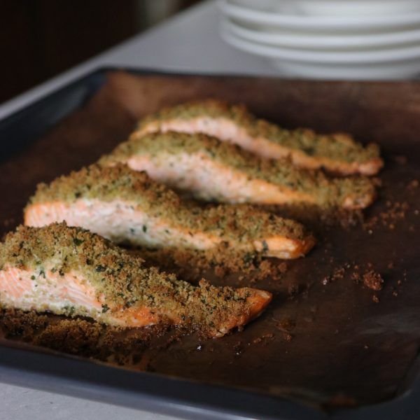 Herb-Crusted Salmon with Sweet Potatoes