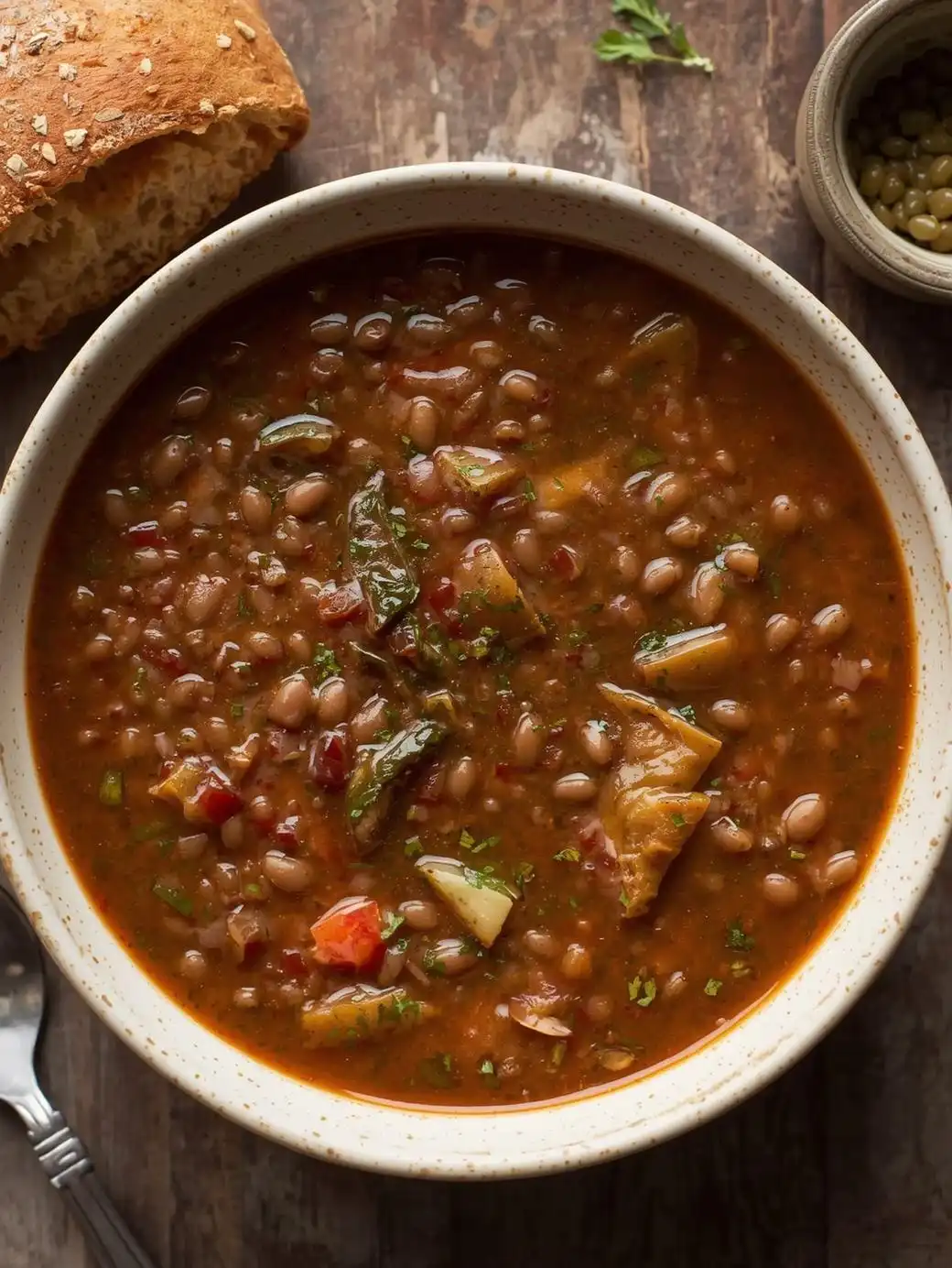 Lentil soup made with low-sodium vegetable stock and a whole-grain roll.