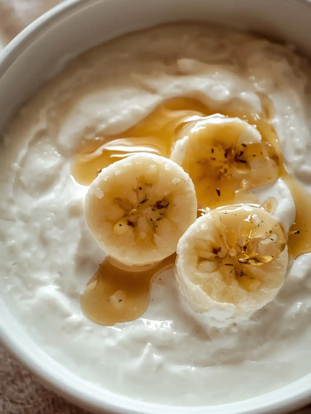Low-fat Greek yogurt with sliced bananas and a drizzle of honey.