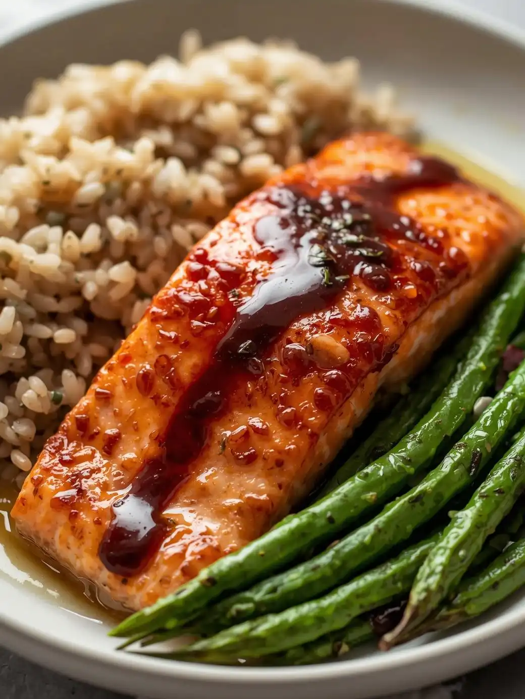 Salmon with a maple-balsamic glaze, wild rice, and roasted green beans.