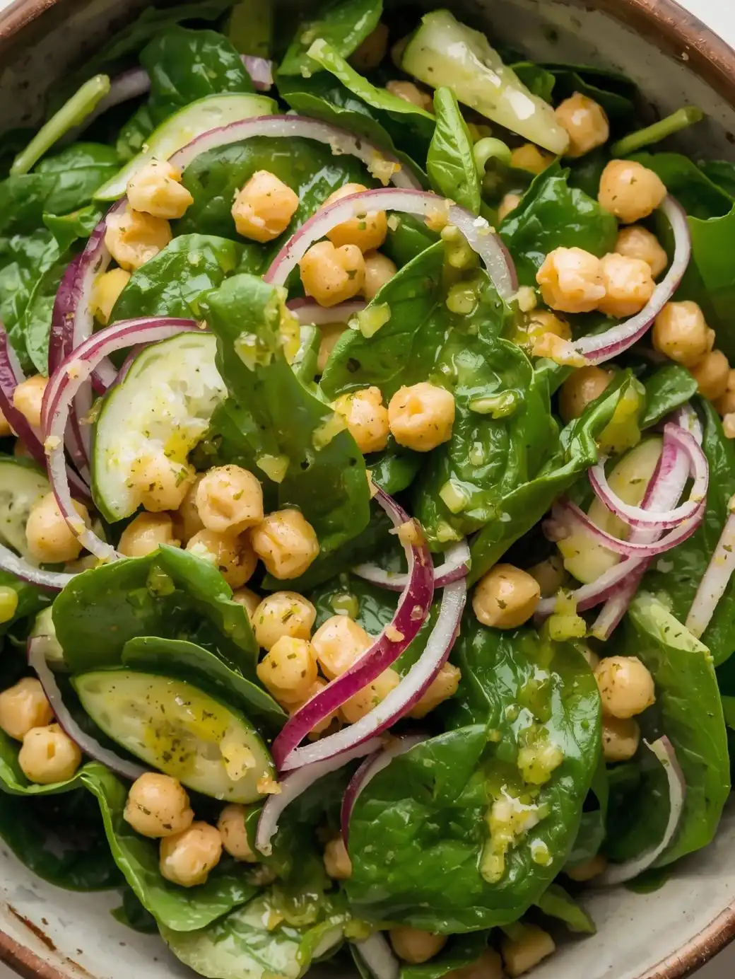 Spinach salad with chickpeas, cucumbers, red onions, and lemon vinaigrette.