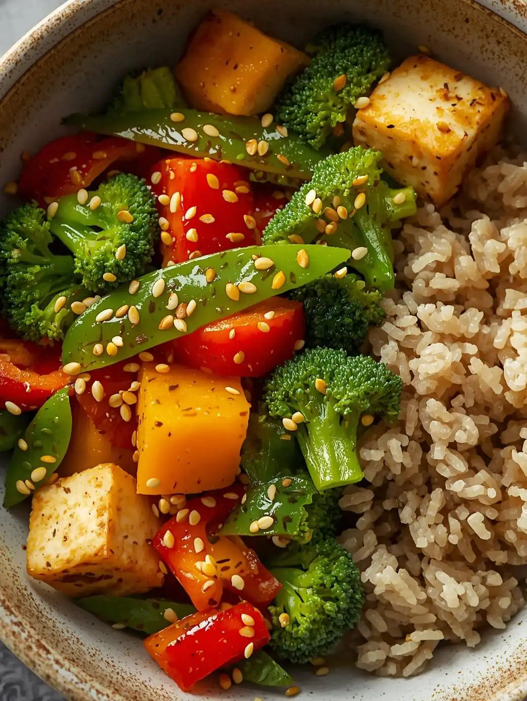 Vegetable stir-fry with tofu and brown rice.