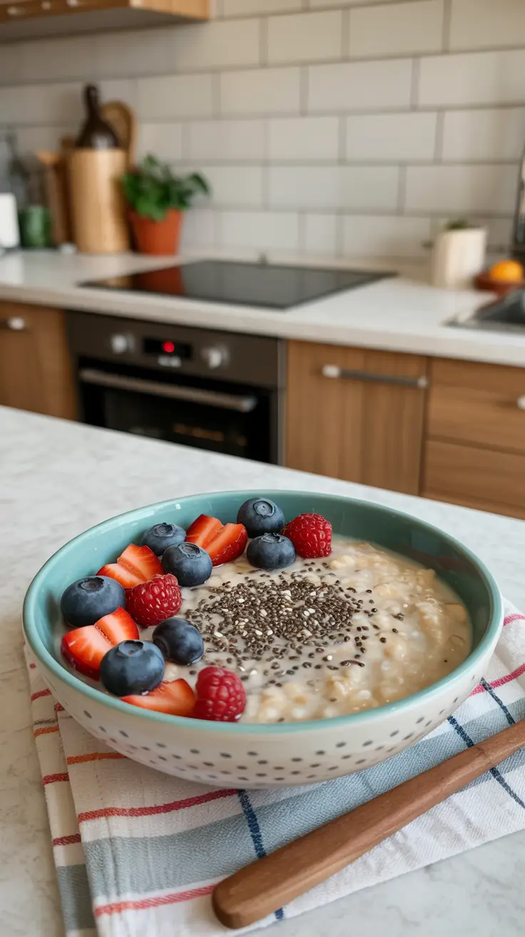 A bowl of oatmeal with fresh berries and a sprinkle of chia seeds.