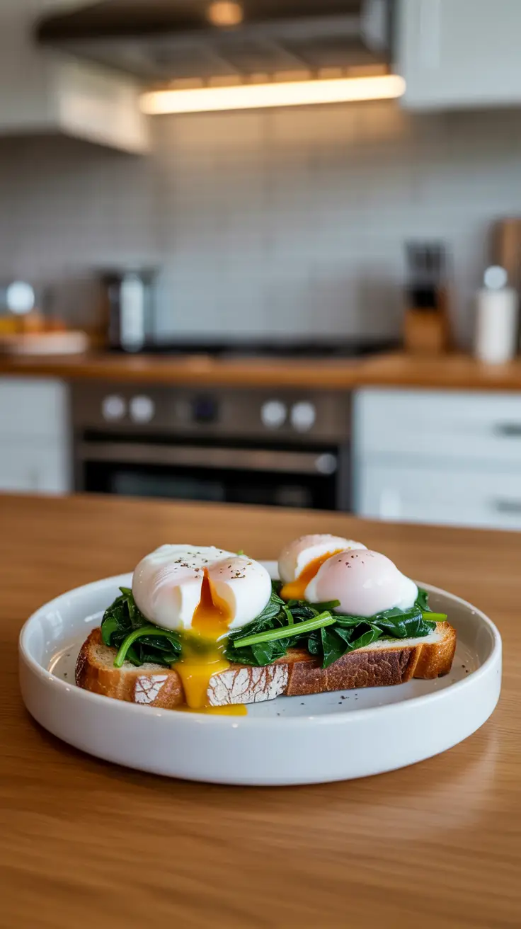 Poached eggs on spelt sourdough with wilted spinach
