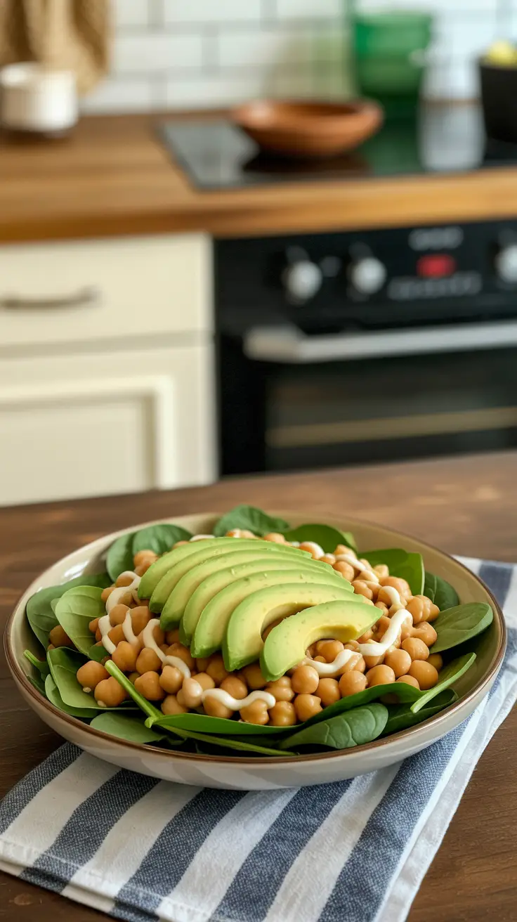 A spinach salad topped with chickpeas, avocado slices, and a lemon vinaigrette.