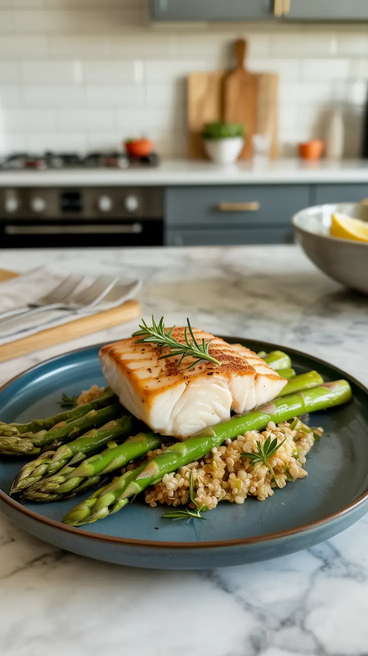 Baked cod with a side of roasted asparagus and quinoa.