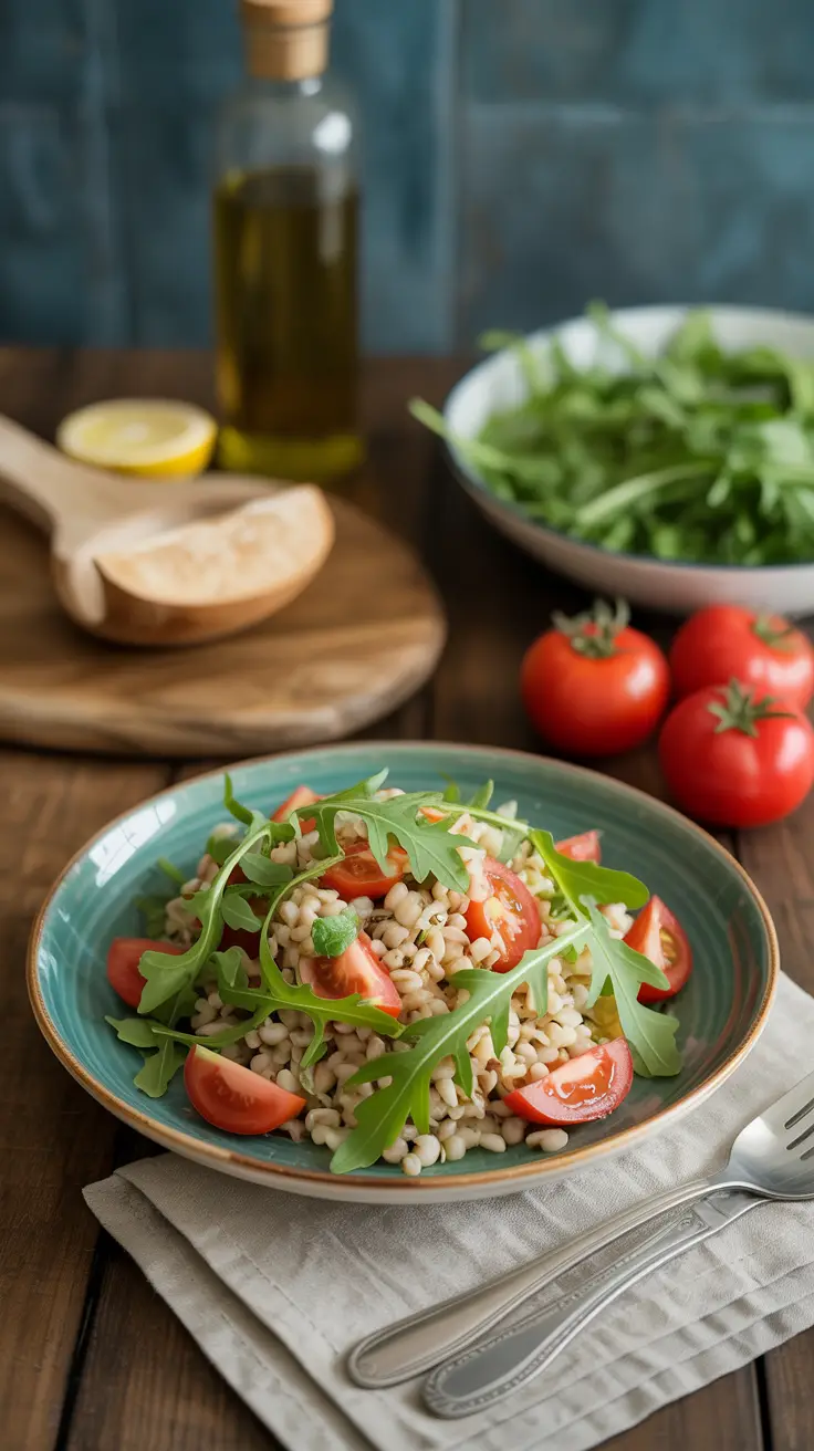 Barley salad with arugula, tomatoes, and a drizzle of olive oil.