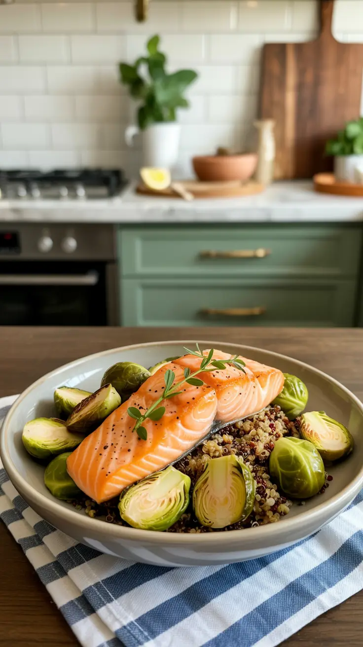 Broiled salmon with quinoa and roasted Brussels sprouts.