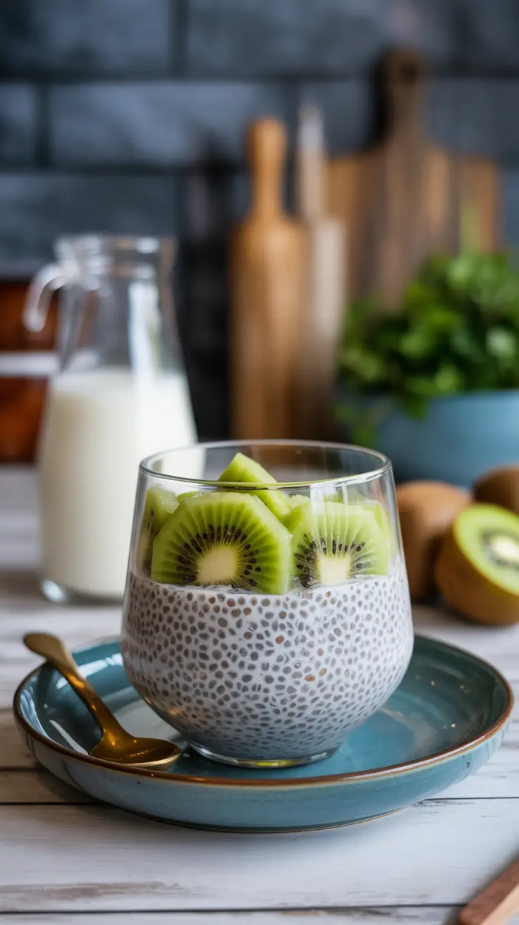 Chia seed pudding with almond milk and fresh kiwi slices.