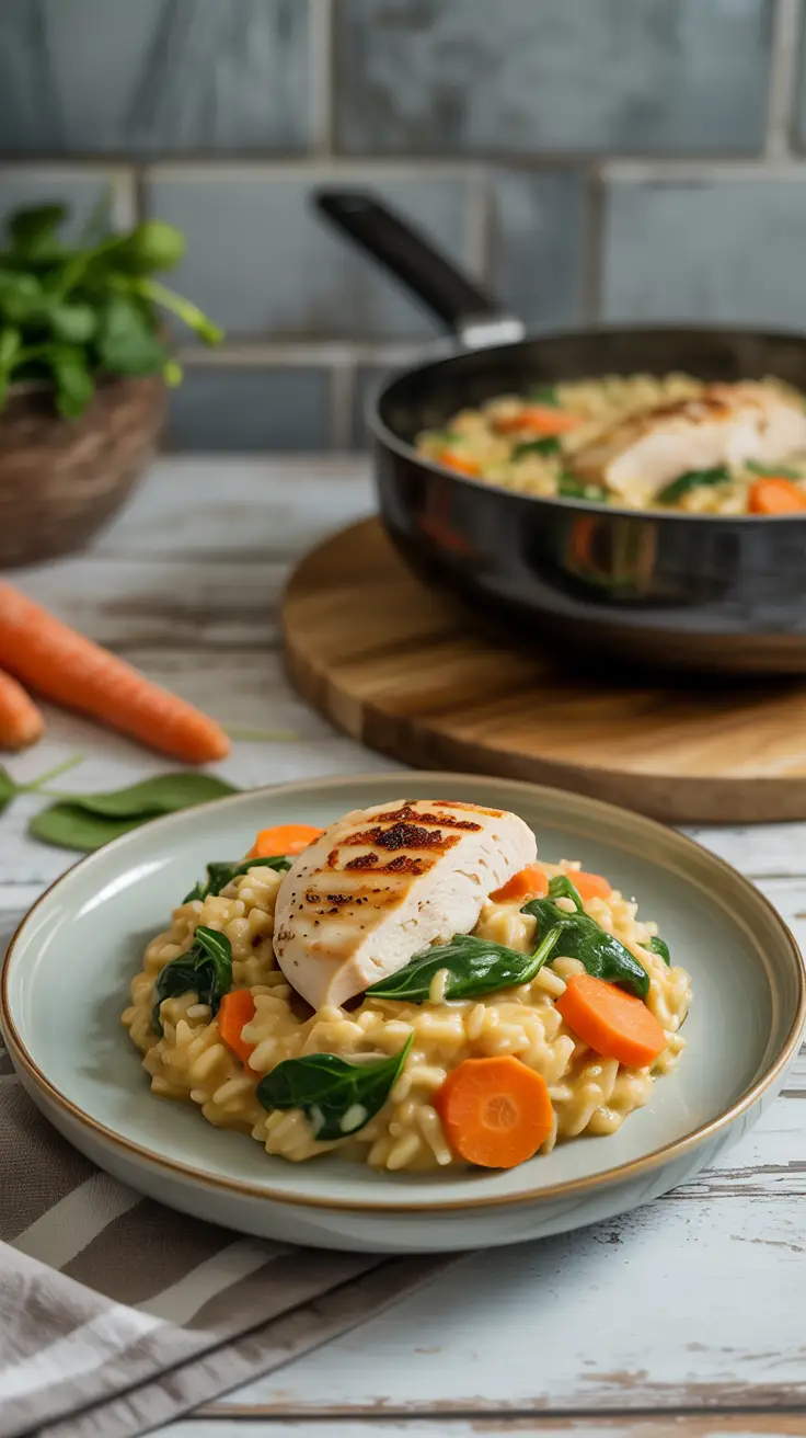 Chicken risotto with sautéed carrots and spinach