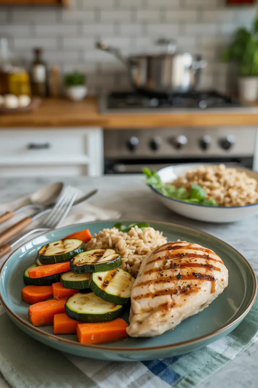 Grilled chicken with roasted zucchini, carrots, and brown rice