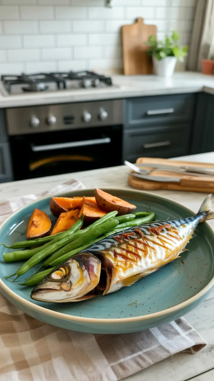 Grilled mackerel with a side of roasted sweet potatoes and green beans.