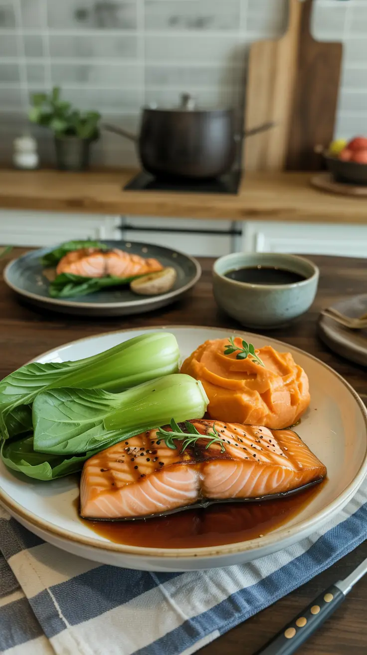 Grilled salmon with soy sauce, bok choy, and mashed sweet potato
