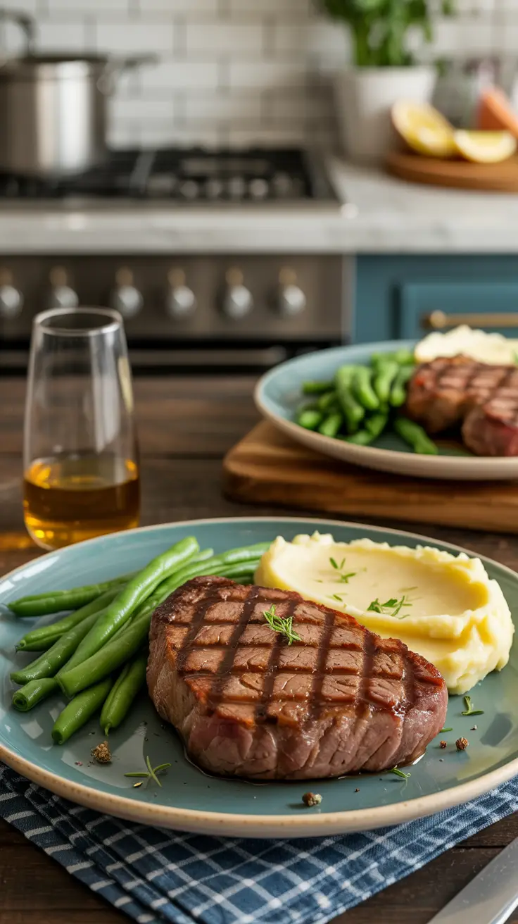Grilled steak with mashed potatoes and green beans