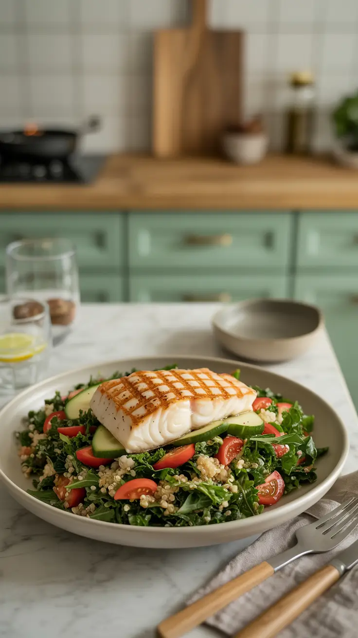 Kale and quinoa salad topped with grilled white fish