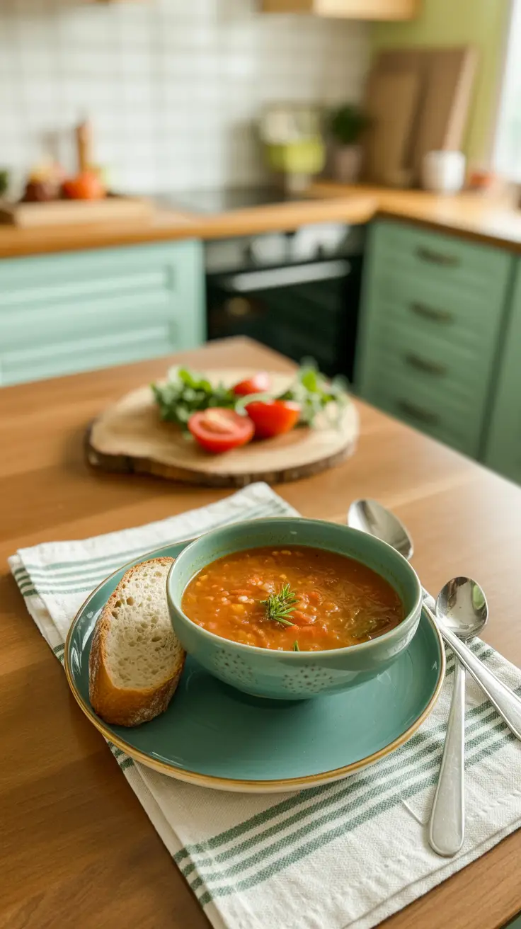 Lentil and tomato soup with a slice of gluten-free bread