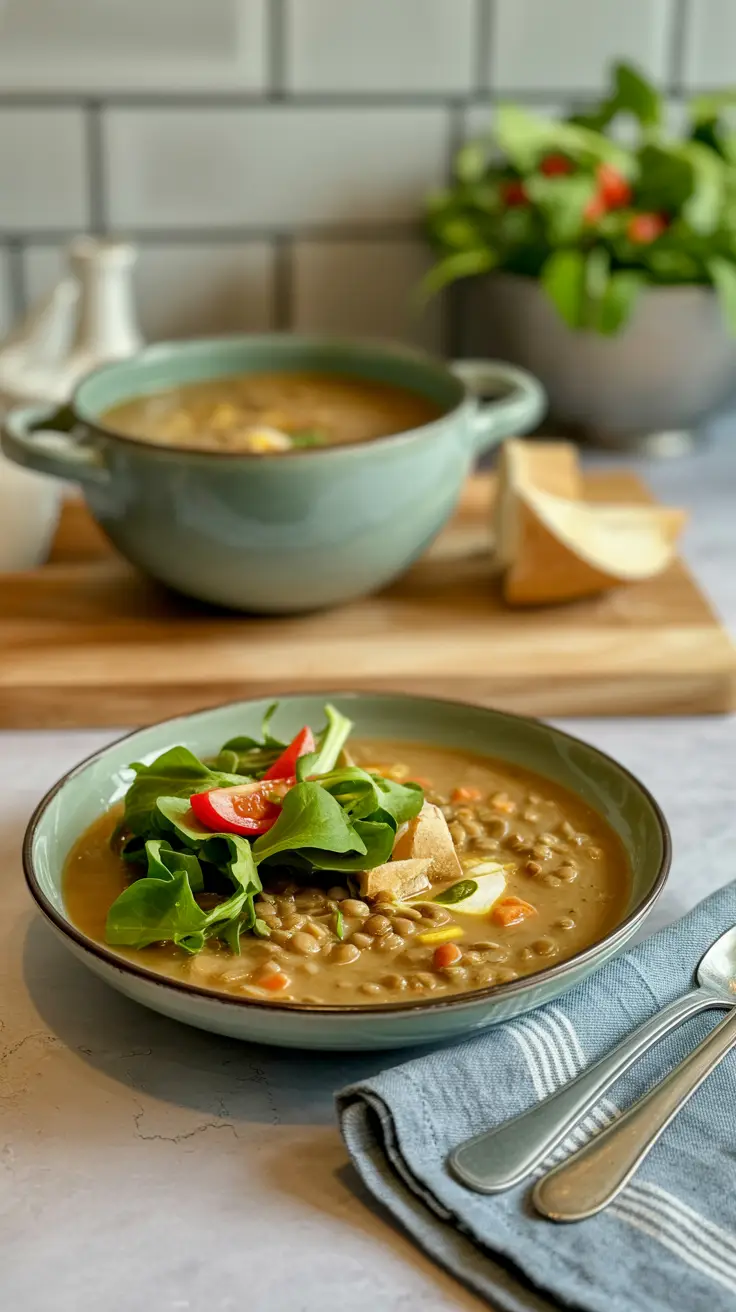 Lentil soup with a side of mixed greens.