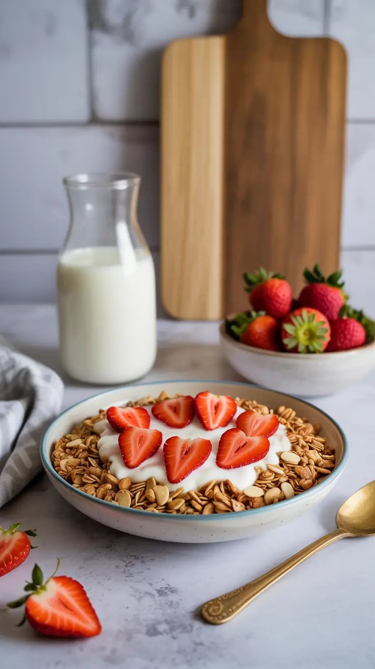 Low FODMAP granola with almond milk and fresh strawberries