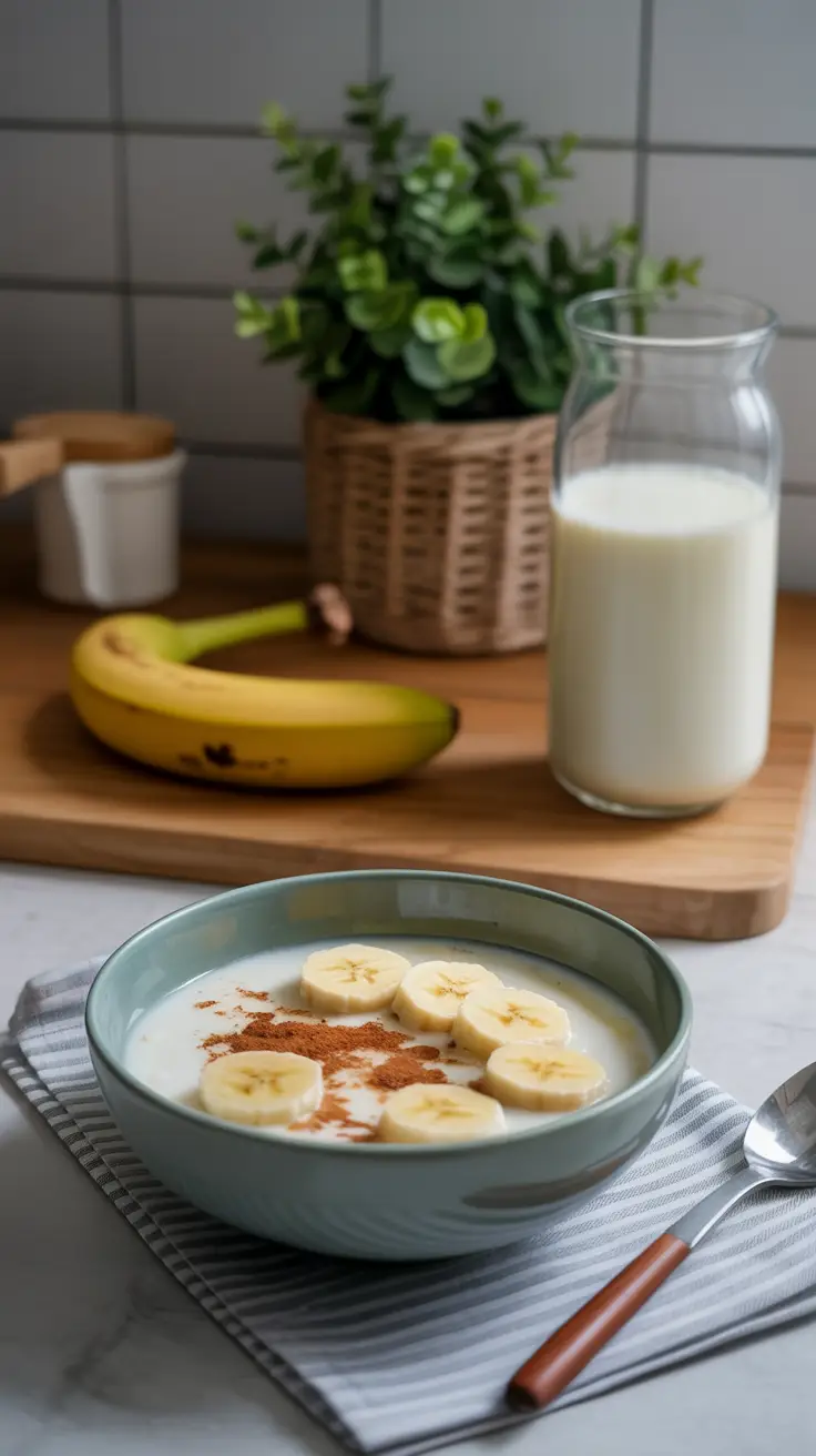 Porridge with lactose-free milk, unripe banana, and cinnamon
