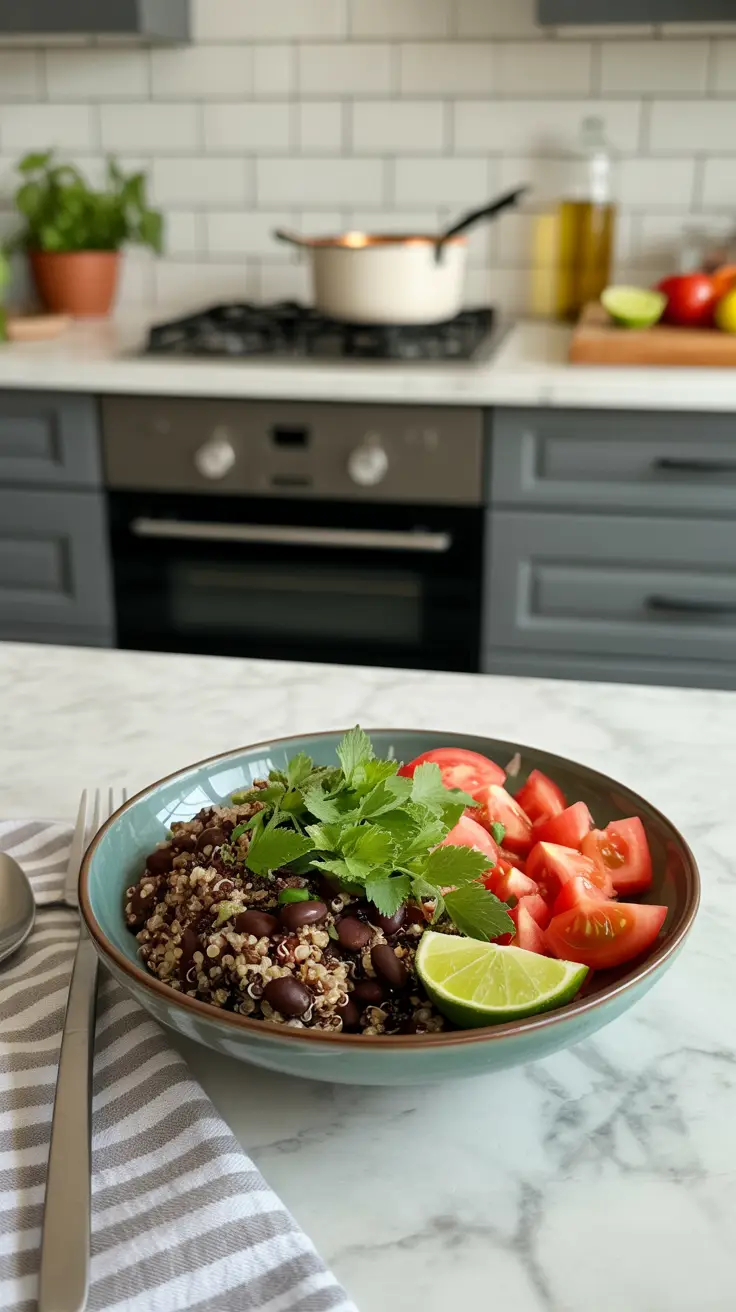 Quinoa and black bean bowl with diced tomatoes and lime juice.
