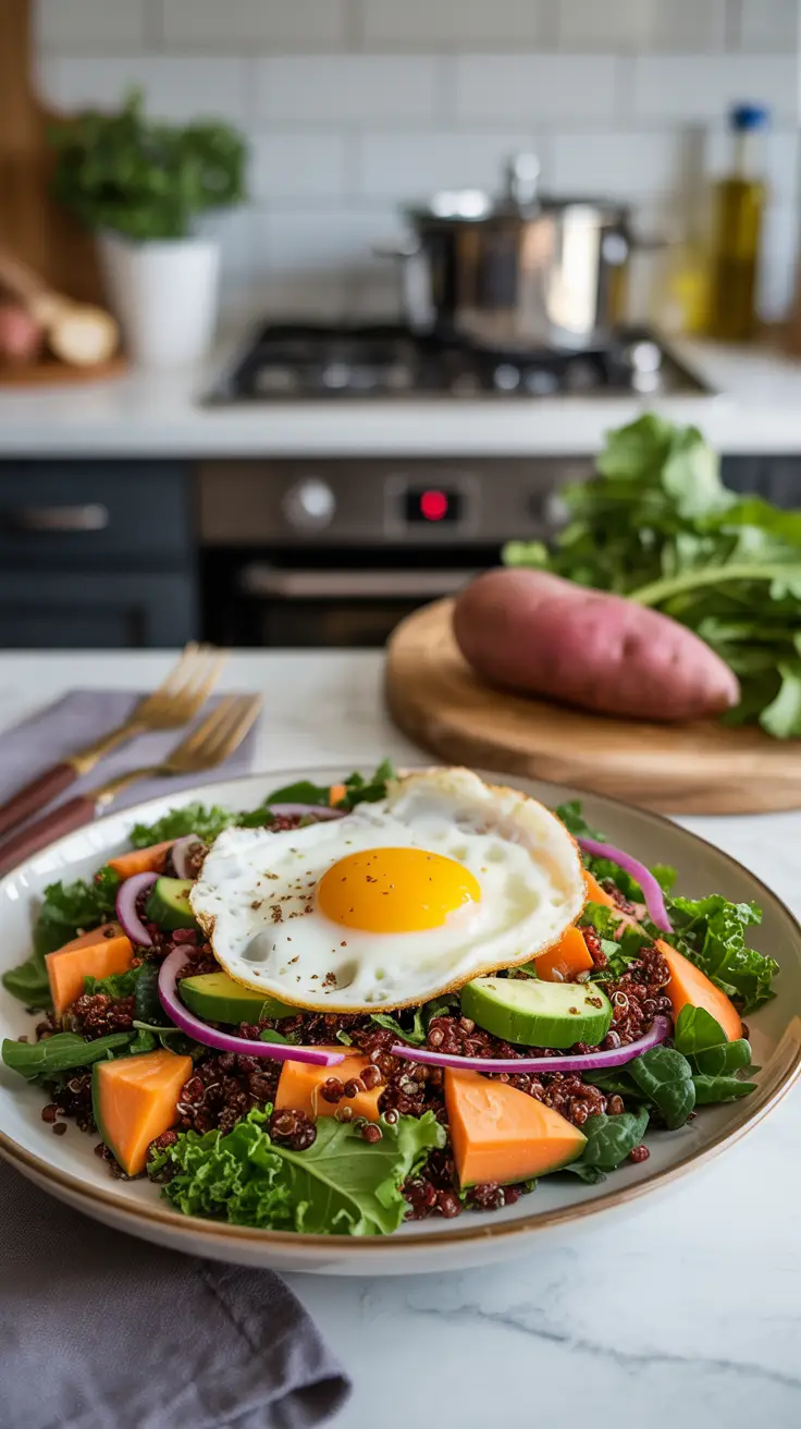 Quinoa salad with sweet potato, kale, and fried egg