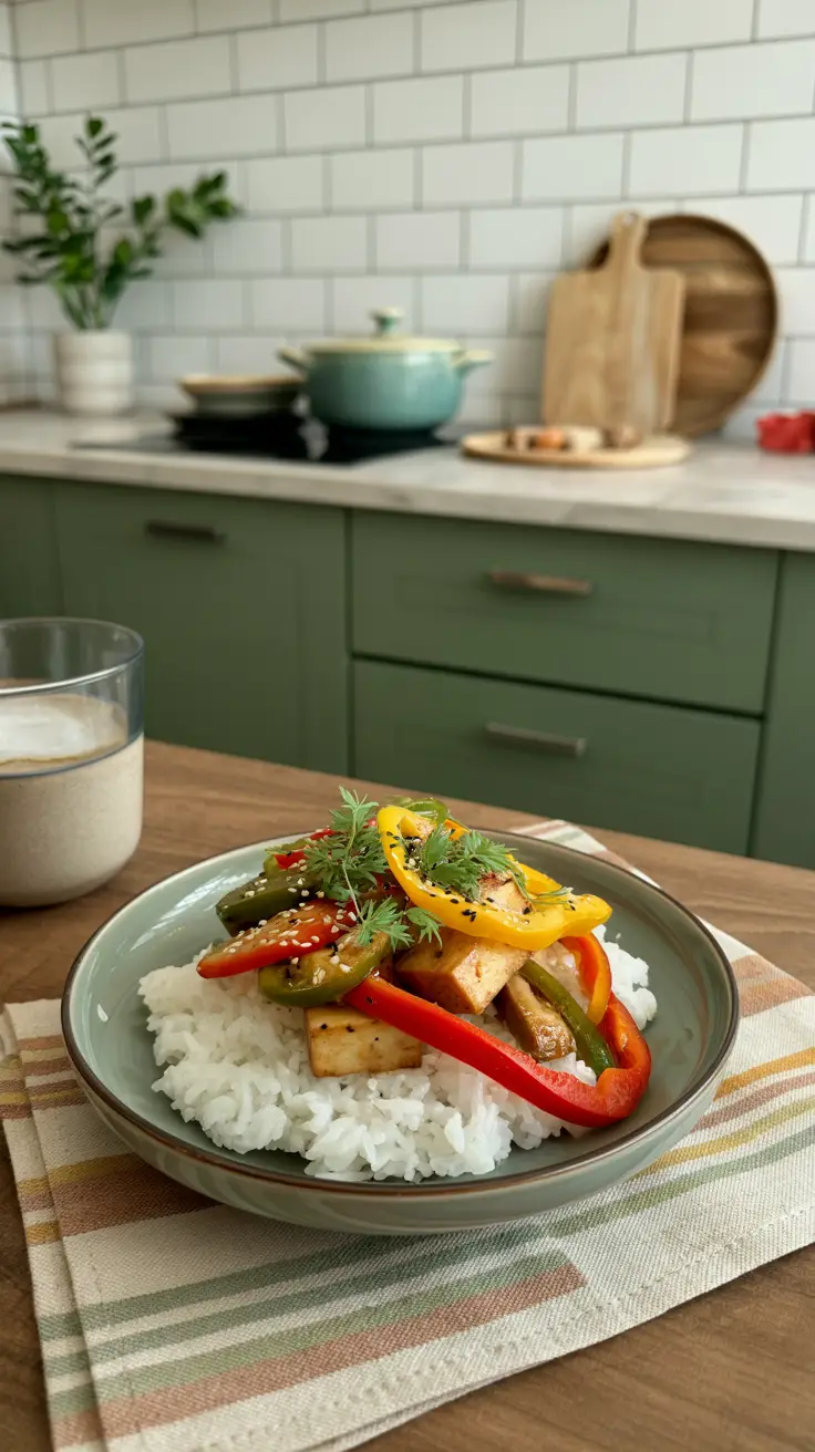 Rice bowl with sautéed tofu, roasted peppers, and sesame oil
