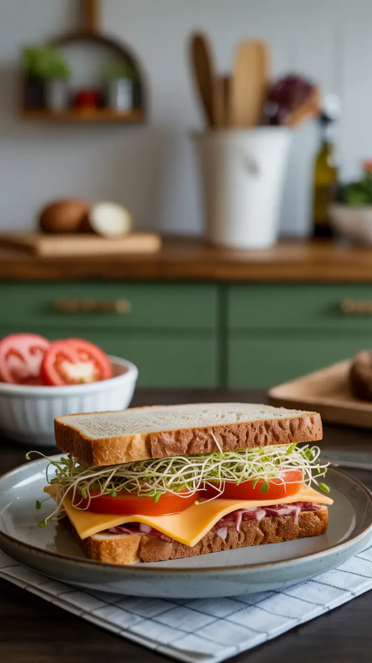 Spelt bread sandwich with cheddar cheese, alfalfa sprouts, and tomato