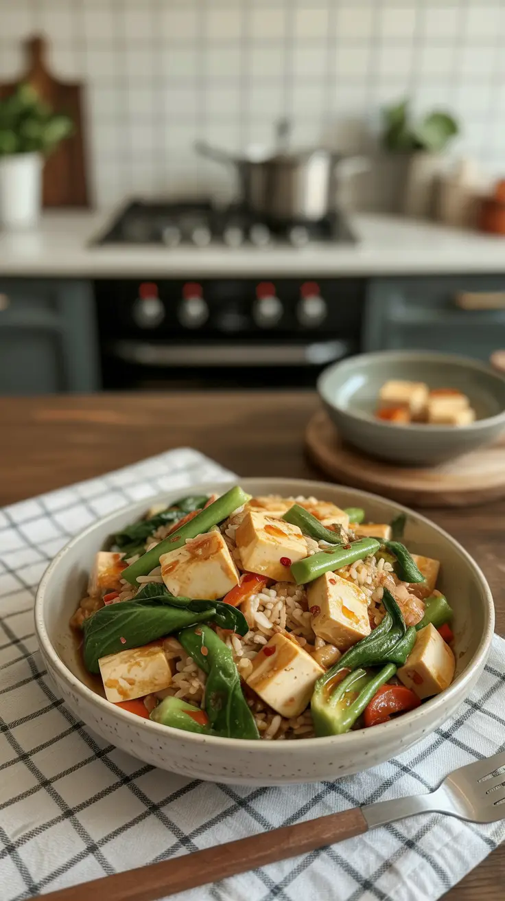 Stir-fried tofu with bok choy, green beans, and rice