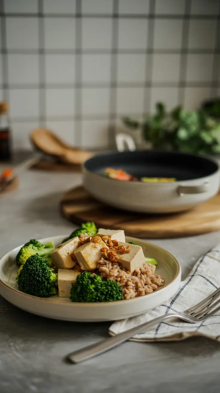 Stir-fried tofu with brown rice and steamed broccoli.