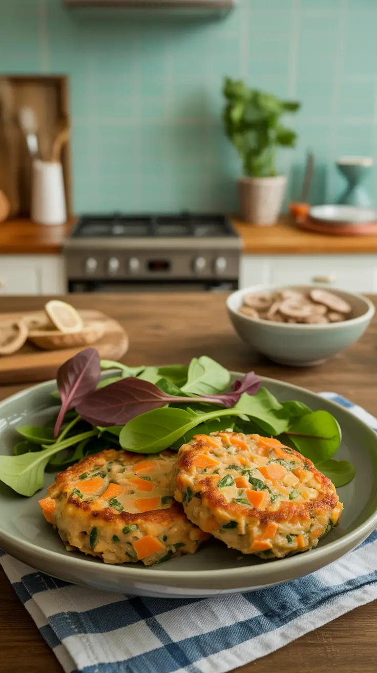 Tuna and sweet potato patties with mixed greens