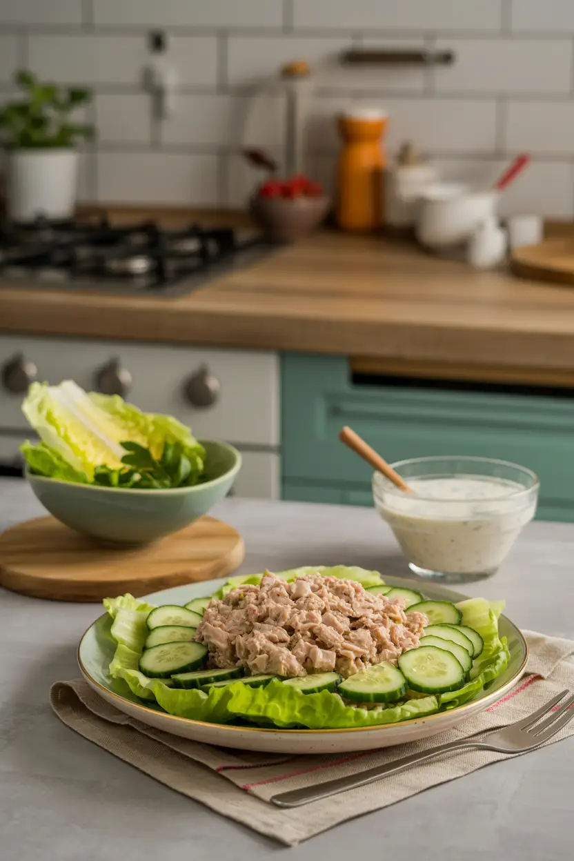 Tuna salad with cucumbers, lettuce, and lactose-free yogurt