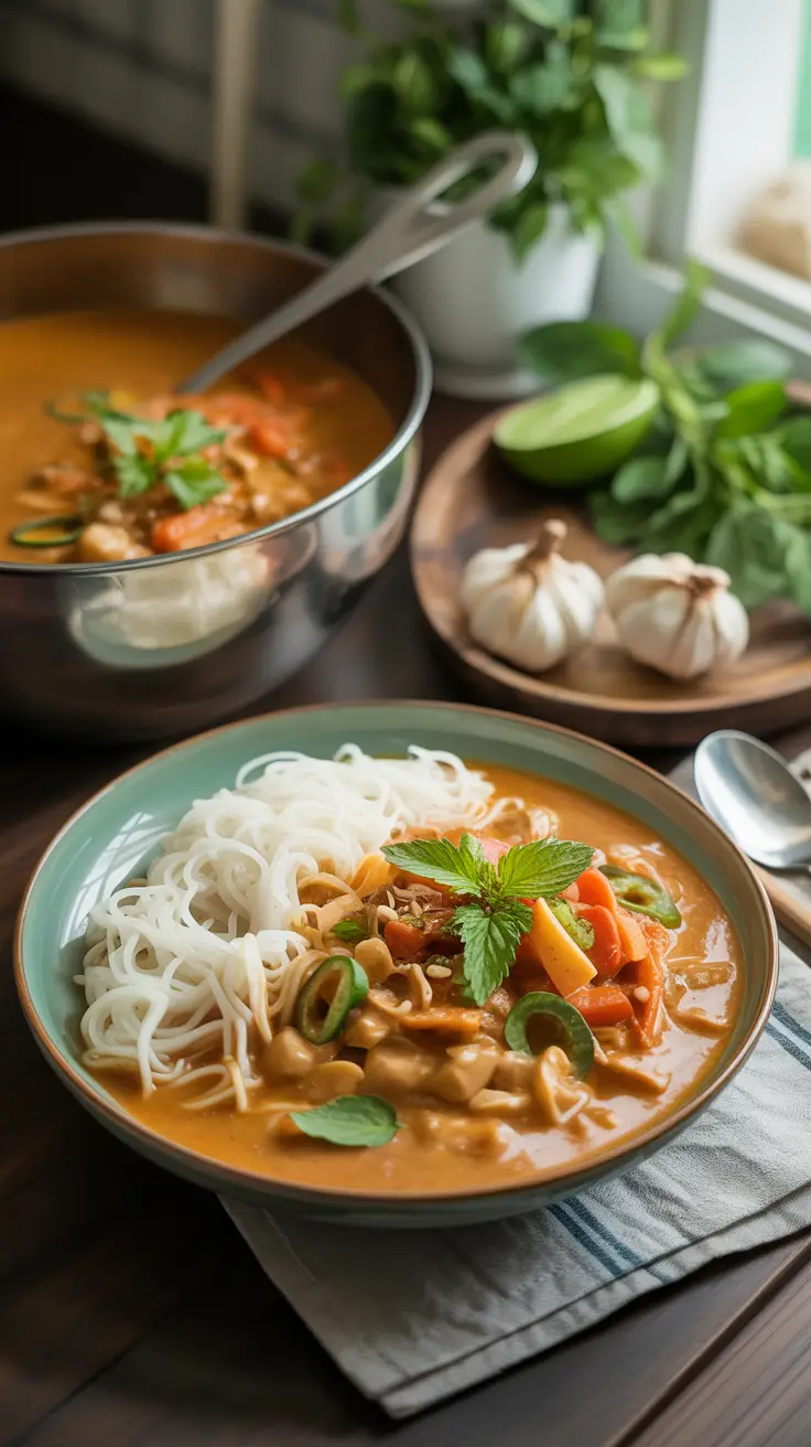 Vegan coconut curry with rice noodles