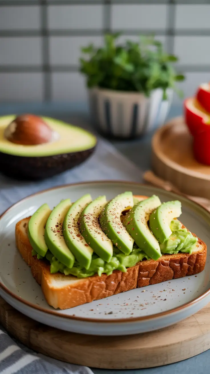 Whole grain toast topped with avocado and a dash of pepper.