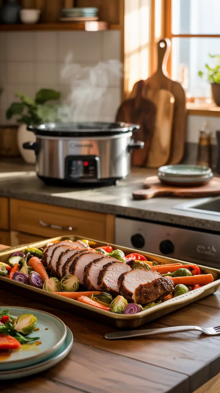 A cozy kitchen scene showing a sheet pan