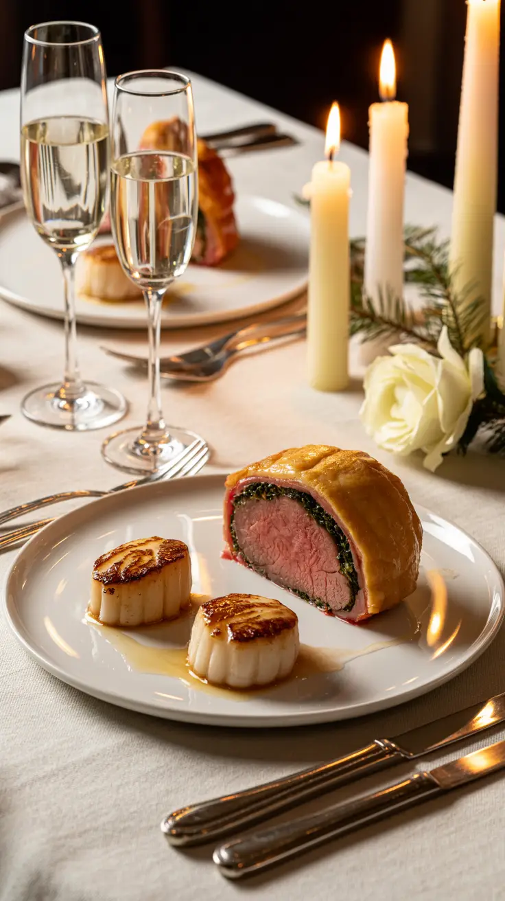 Fine dining setup with Beef Wellington
