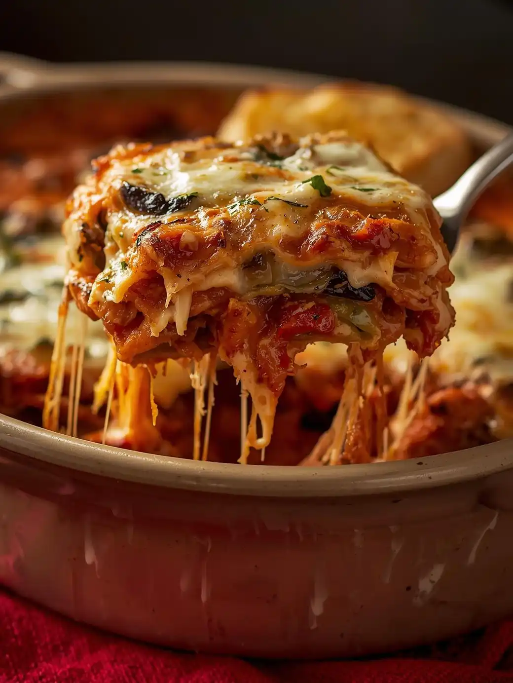 Vegetable Lasagna with Creamy Béchamel_A bubbling slice of vegetable lasagna pulled from a baking dish, layers of golden béchamel, roasted zucchini, eggplant, bell peppers, and melted mozzarella visible; cheesy pull
