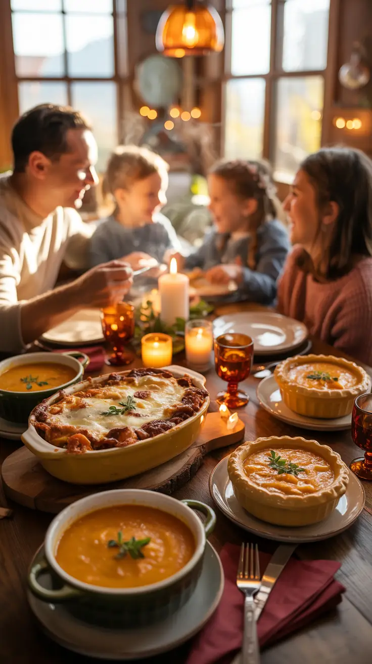 Warm, homey table setting with bubbling lasagna
