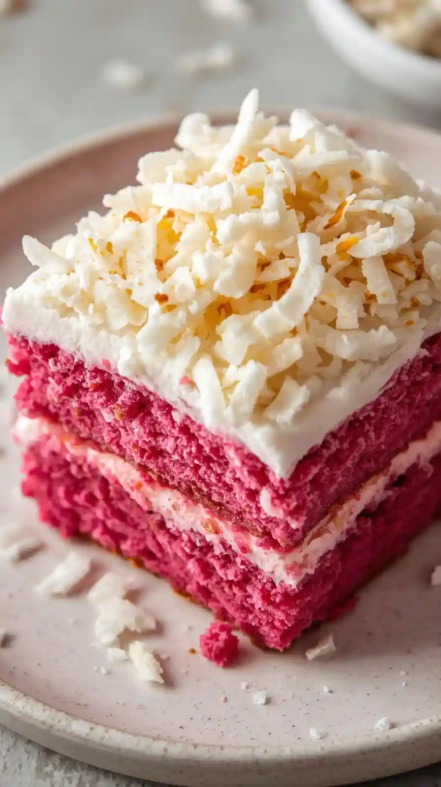 Pink velvet cake with coconut shavings