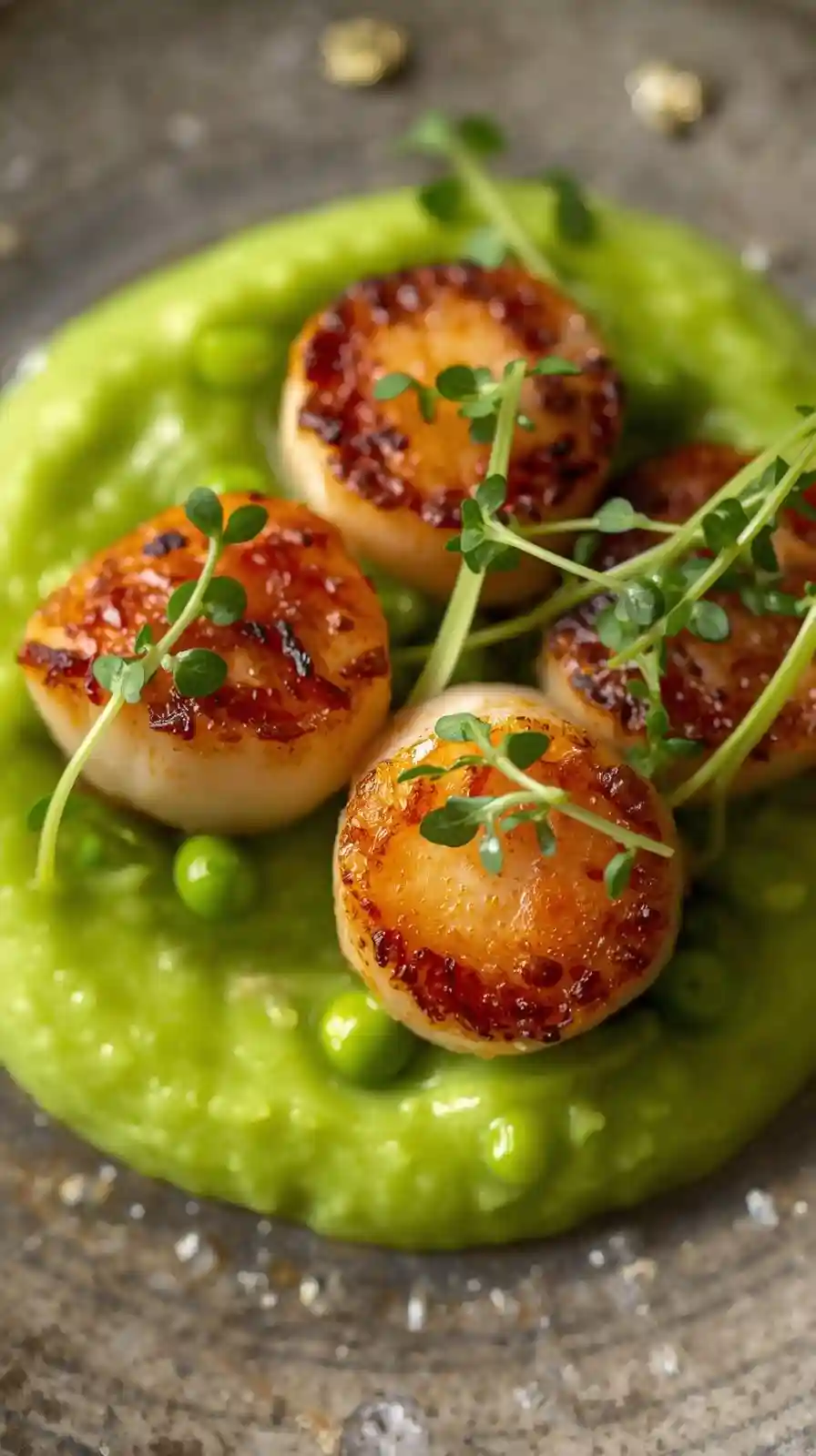 Seared Scallops over Lemon Pea Puree