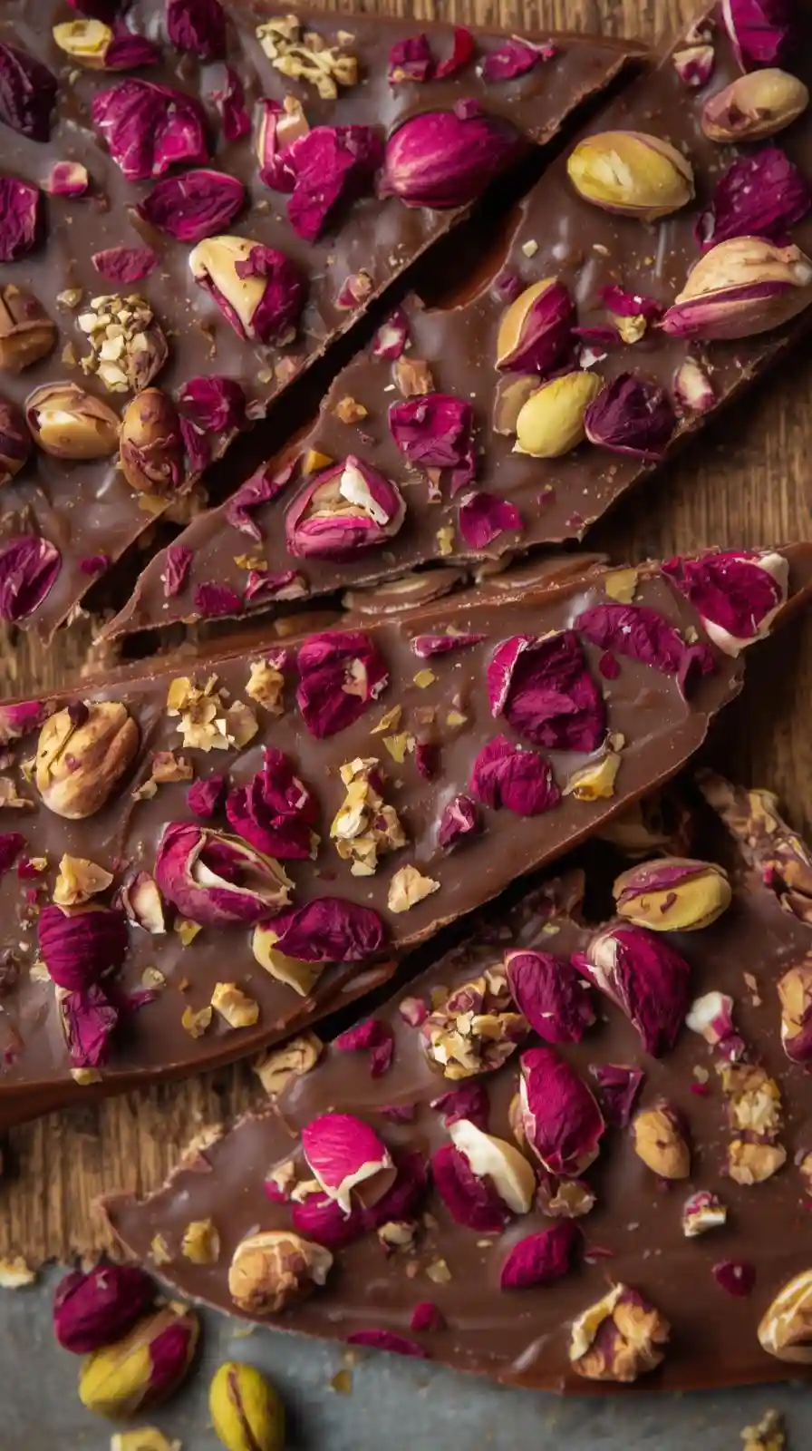 Bark with Dried Rose Petals and Pistachios