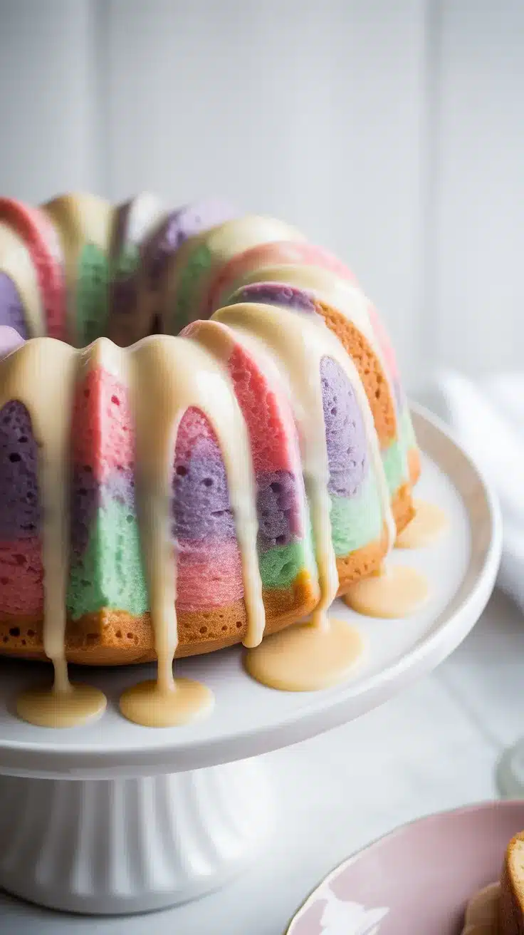 Pastel Swirl Bundt Cake with Vanilla Glaze