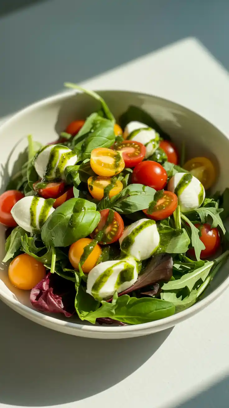 Caprese Spring Mix Salad with Pesto Drizzle