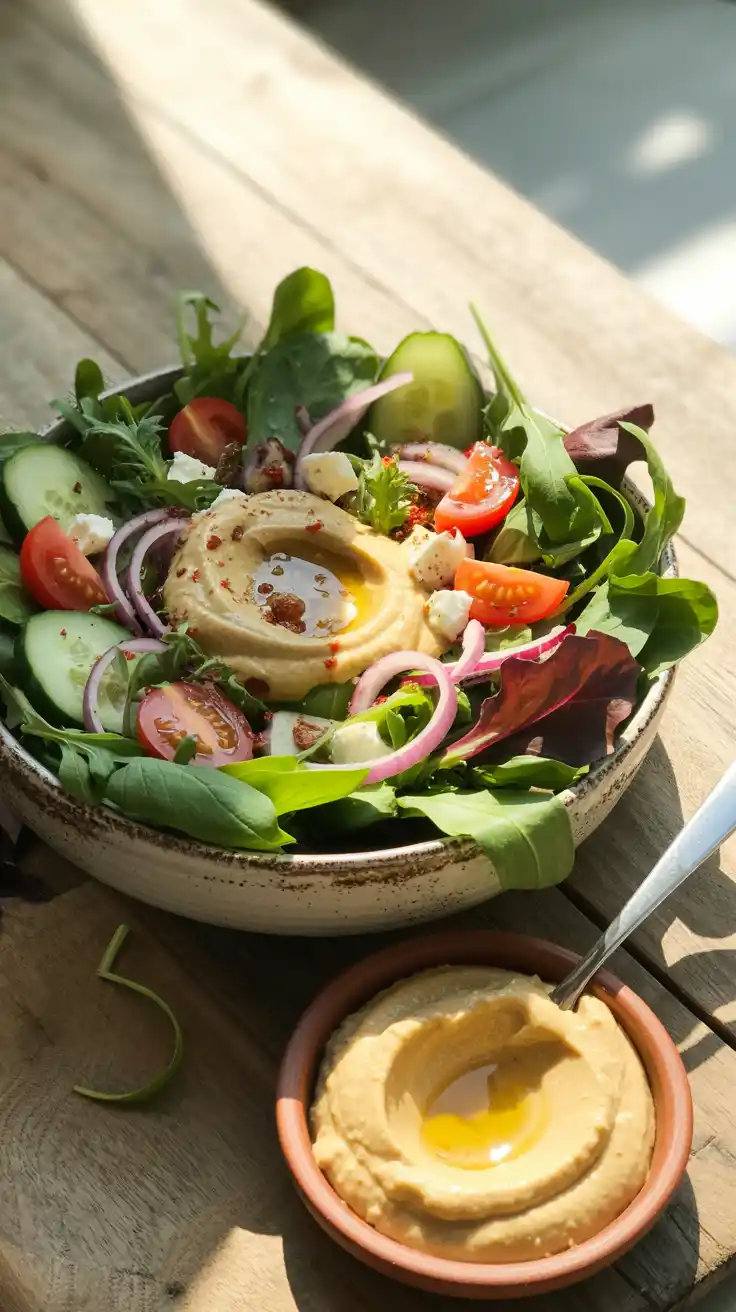 Mediterranean Spring Mix Salad with Hummus Dressing
