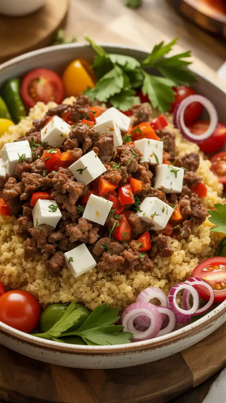 Beef and Feta Quinoa Bowl