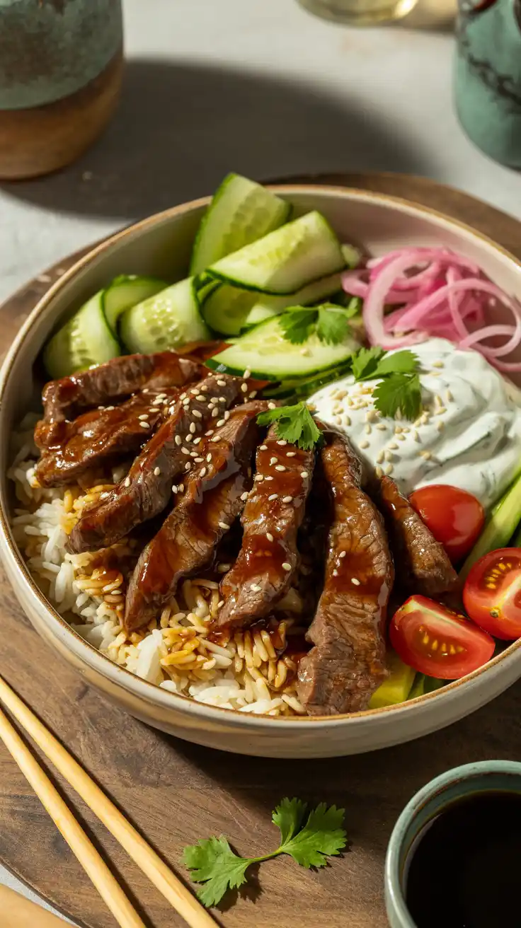 Mediterranean-Asian Fusion Beef Bowl