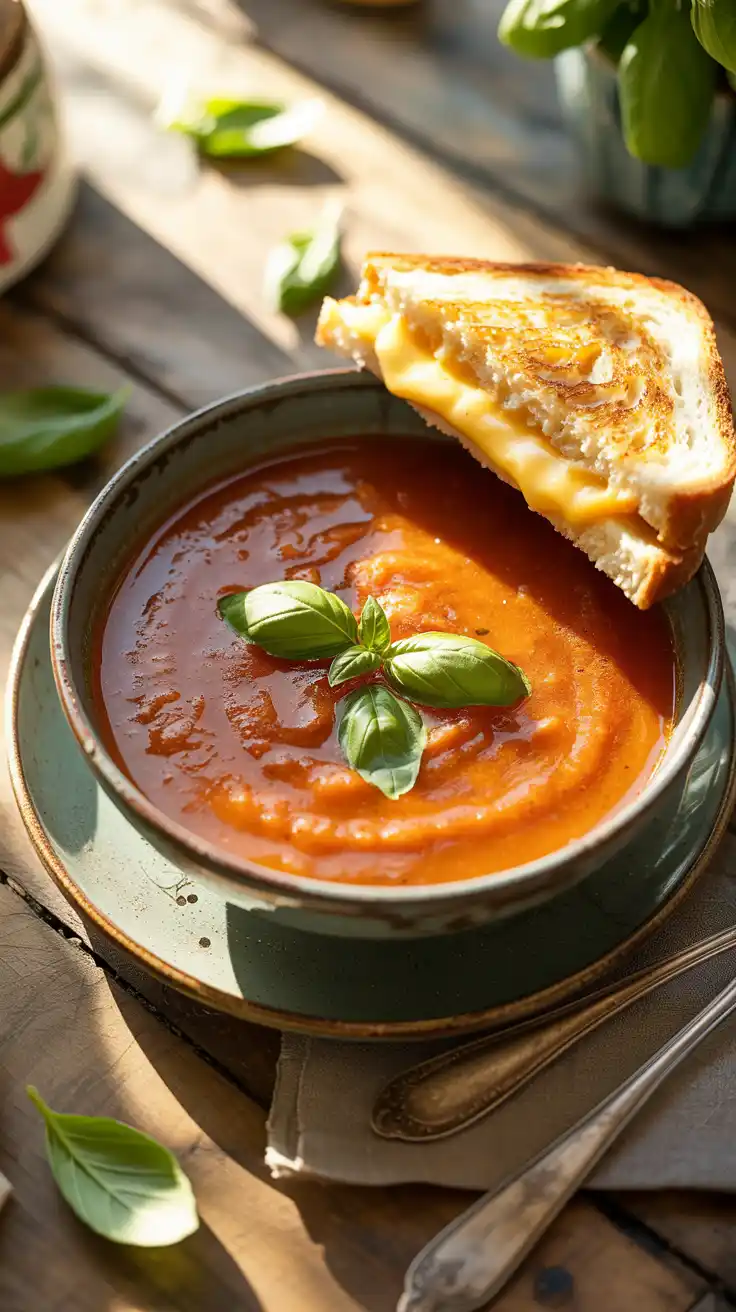Tomato Basil Soup with Light Grilled Cheese